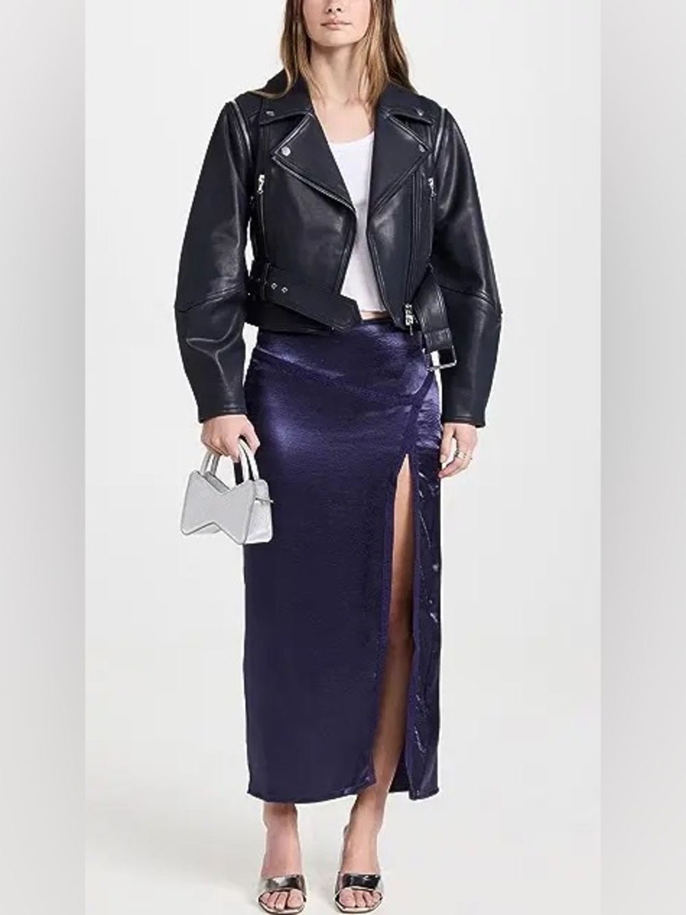 Free People Dakota Navy Satin High-Slit Maxi Skirt Sz 12